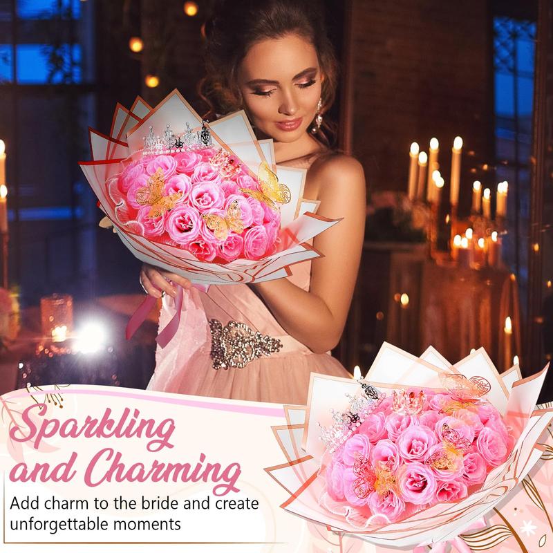 24/36 Pcs Valentine Gift Glitter Roses Bouquet Set DIY Fake Flowers Bouquet with 3D Butterflies Crowns Alphabet Stickers & Ribbons for Girlfriend Wife Mom Friend Women Gift Perfect for Valentine's Day Birthday Engagement Wedding Anniversaries Graduation