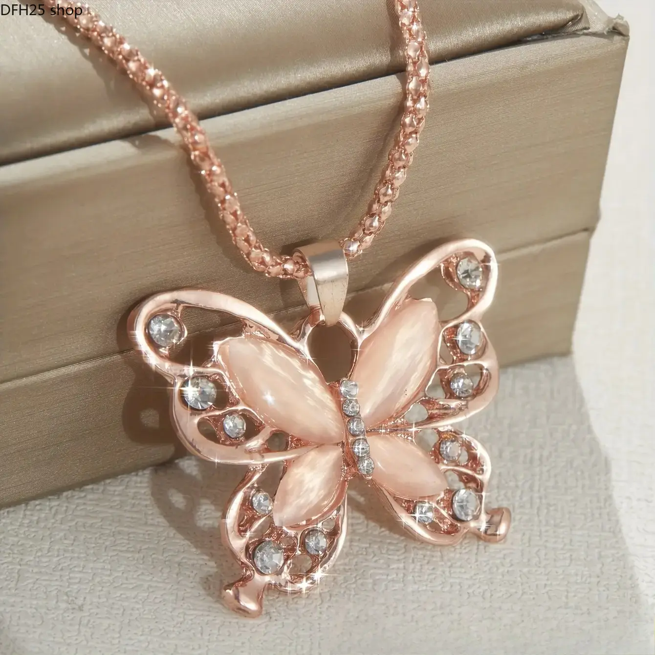 Butterfly Crystal Pendant Necklace for Women, Rose Gold Tone Cubic Zirconia Jewelry with Sparkling Floral Design for Daily Wear and Dressy Outfits
