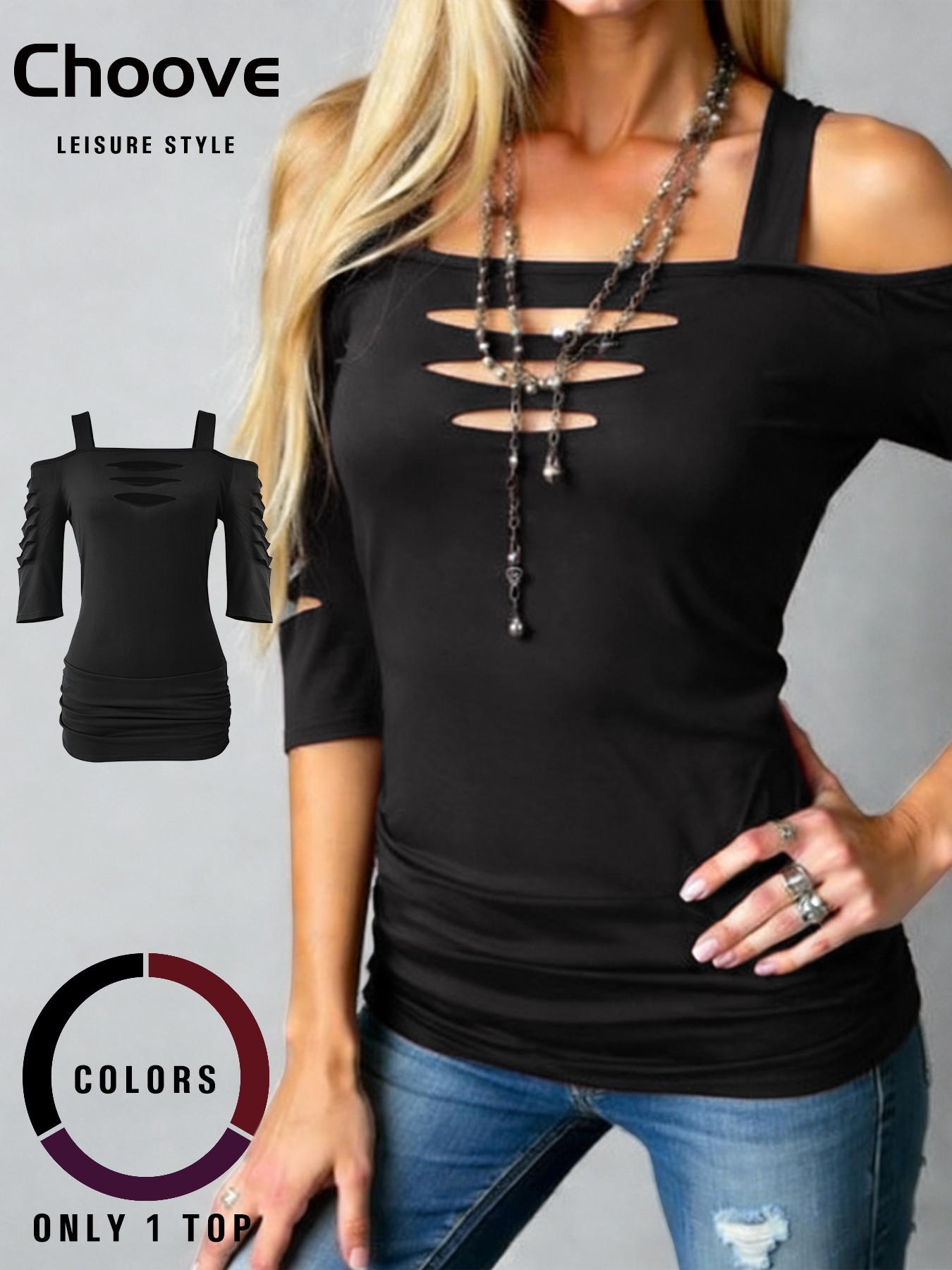 Women's Cut Out Shoulder Three Quarter Sleeve T-Shirt, Side Ruched Design, Soft Elastic Fabric, Casual Daily Wear