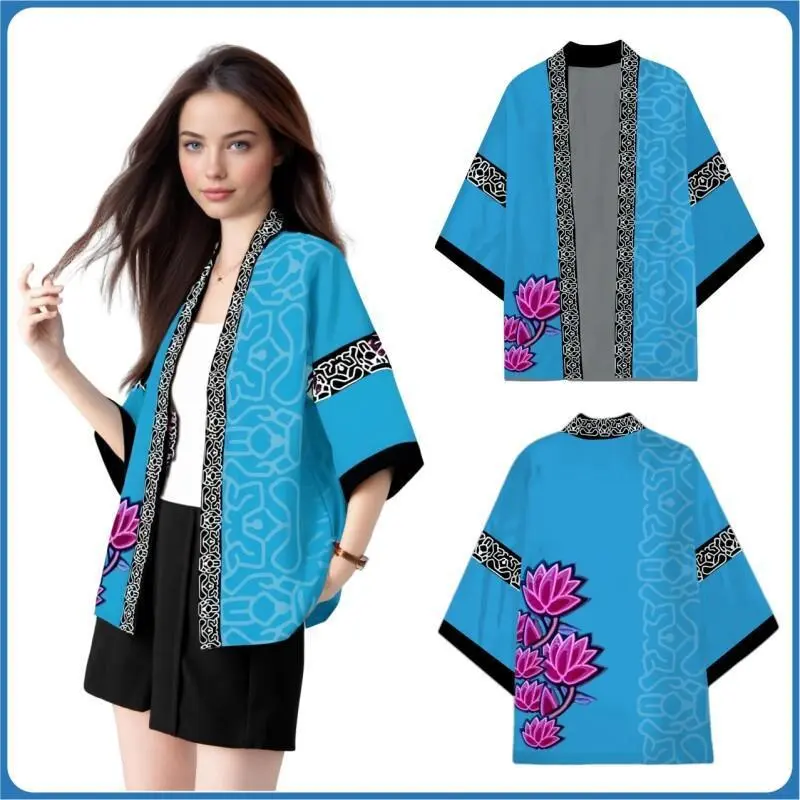Women's Purple Flower Pattern Blue Japanese Kimono Cardigan Coat - Lady's Cosplay Outfit for Halloween Carnival, Christmas Role Play (Toys & Hobbies Specialty DIY Supply)