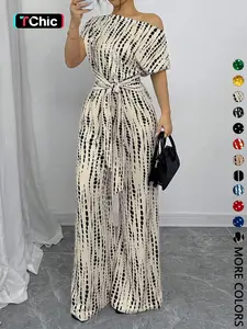 Women's All Over Print Tie Front   Jumpsuit, Casual Asymmetrical Neck   Jumpsuit for Spring & Fall, Women's Clothes for Daily Wear