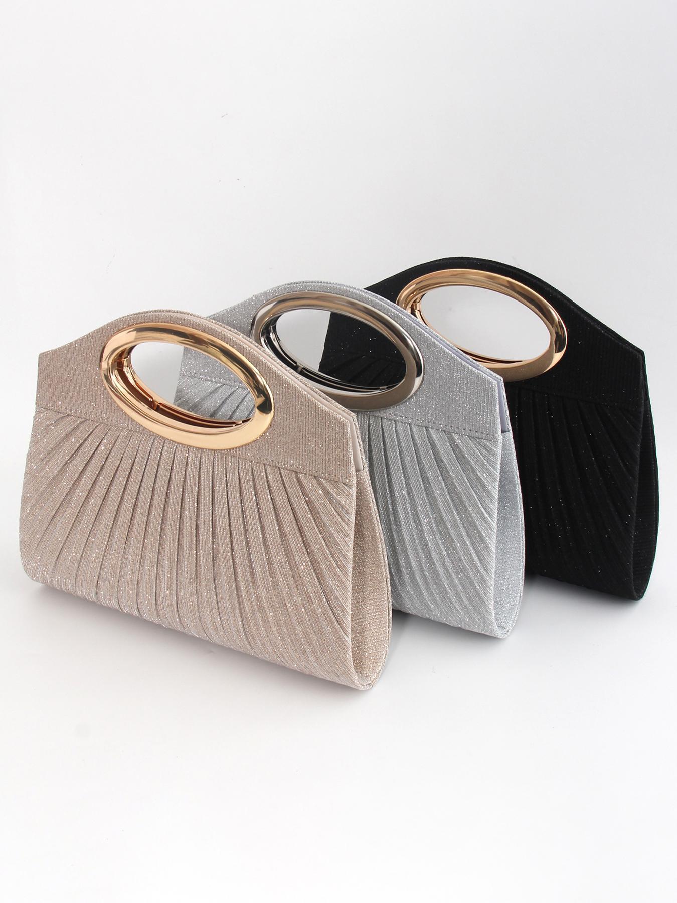 Women's Elegant Glitter Evening Clutch Bag, Metal Ring Handle, Pleated Design, Magnetic Closure, Versatile Strap, Perfect for Weddings, Parties, Wristlet Clutch