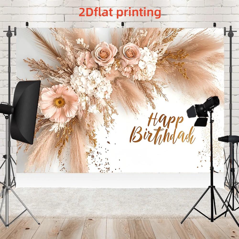 2DFlat1pc Boho Dried Flower Style Happy Birthday Backdrop Banner, With Pink Roses, Pampas Grass and Gold Glitter Elements, Ideal for Boho Birthday Party, Bohemian Themed Celebration, Ins Style Photoshoot Decoration, Can Be Used as Photo Background