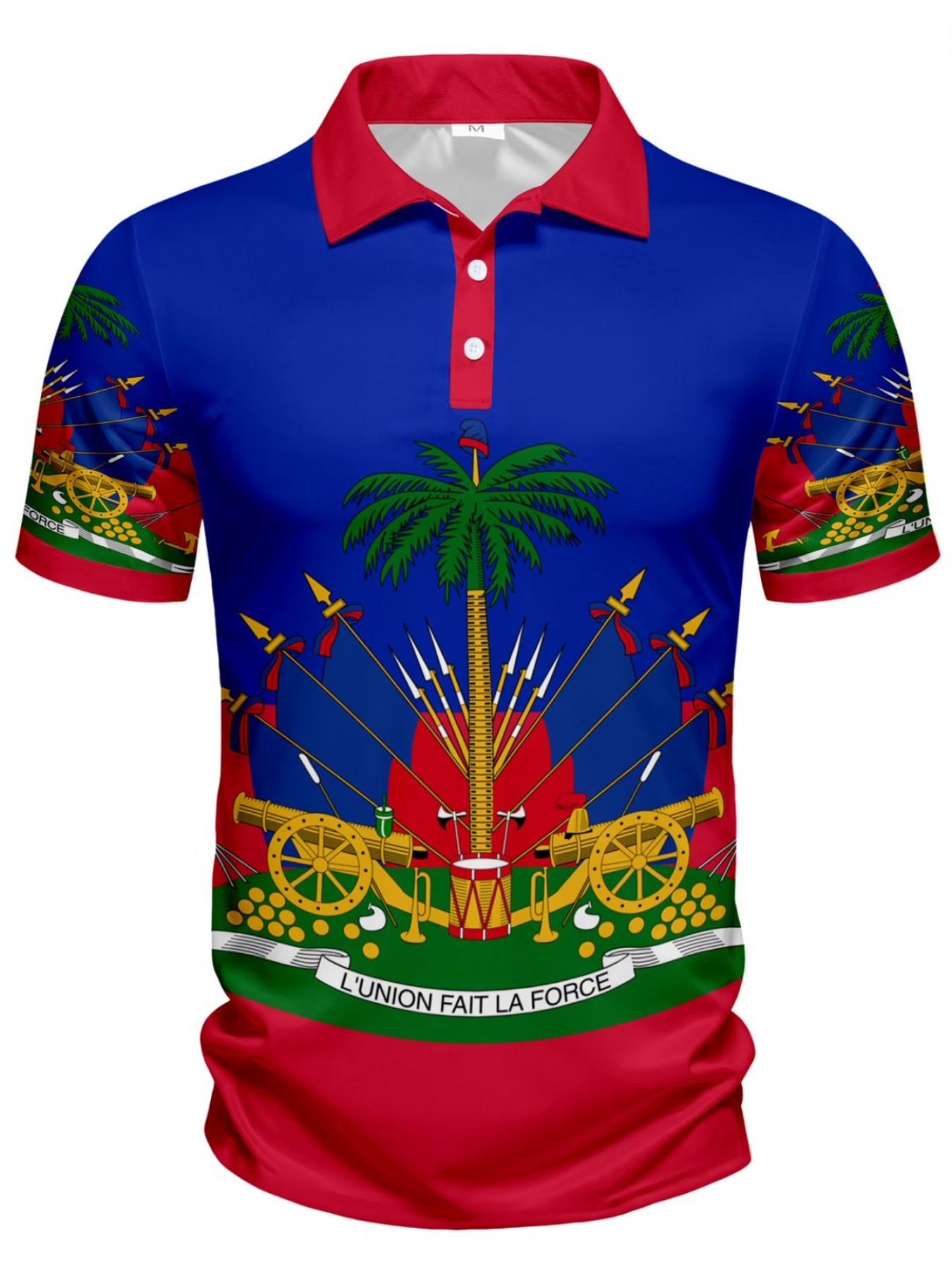 Summer Men's Tropical Colorblock Dopamine Full Print Street Fashion Polo, Collared Polo Shirt, Menswear, Haiti Flag Print Golf Shirt, Loose-Fit Casual All-Season Top, Printed Polo Shirts, Summer Polos