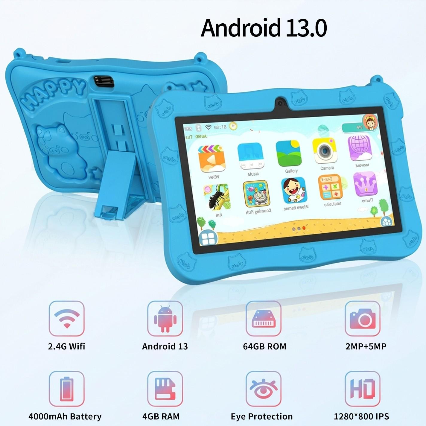 7 Inch Kids Tablet PC Android 13.0 4GB 64GB, Dual Camera 2mp+5mp, WiFi Bluetooth-compatible, Shockproof Case, Parental Control, Ideal Gift