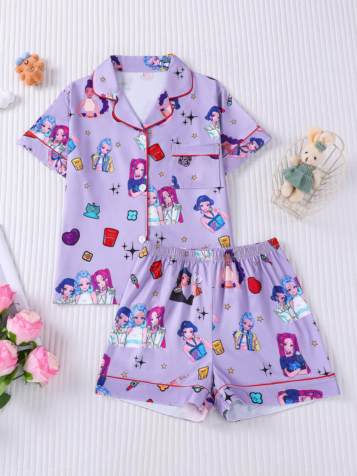 2-piece children's set featuring full-body K-pop cartoon girl prints, short sleeves, shorts with soft and comfortable top, small pockets, lapel design, elastic waistband, suitable for year-round home wear, casual leisure children's pajama set
