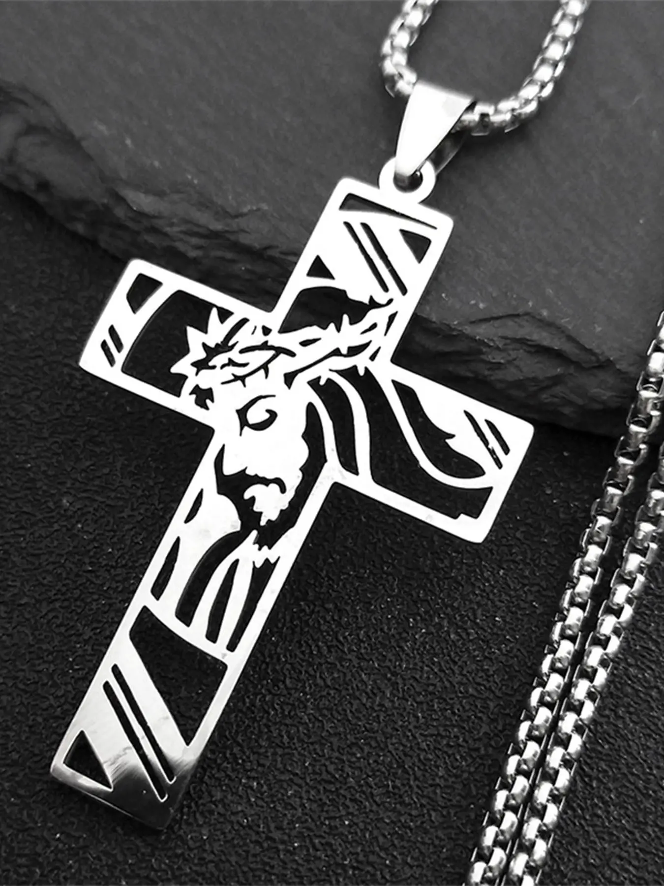 Christ God Cross Jesus Crown of Thorns Chain Necklace Men Stainless Steel Crucifix Necklace   colar masculino