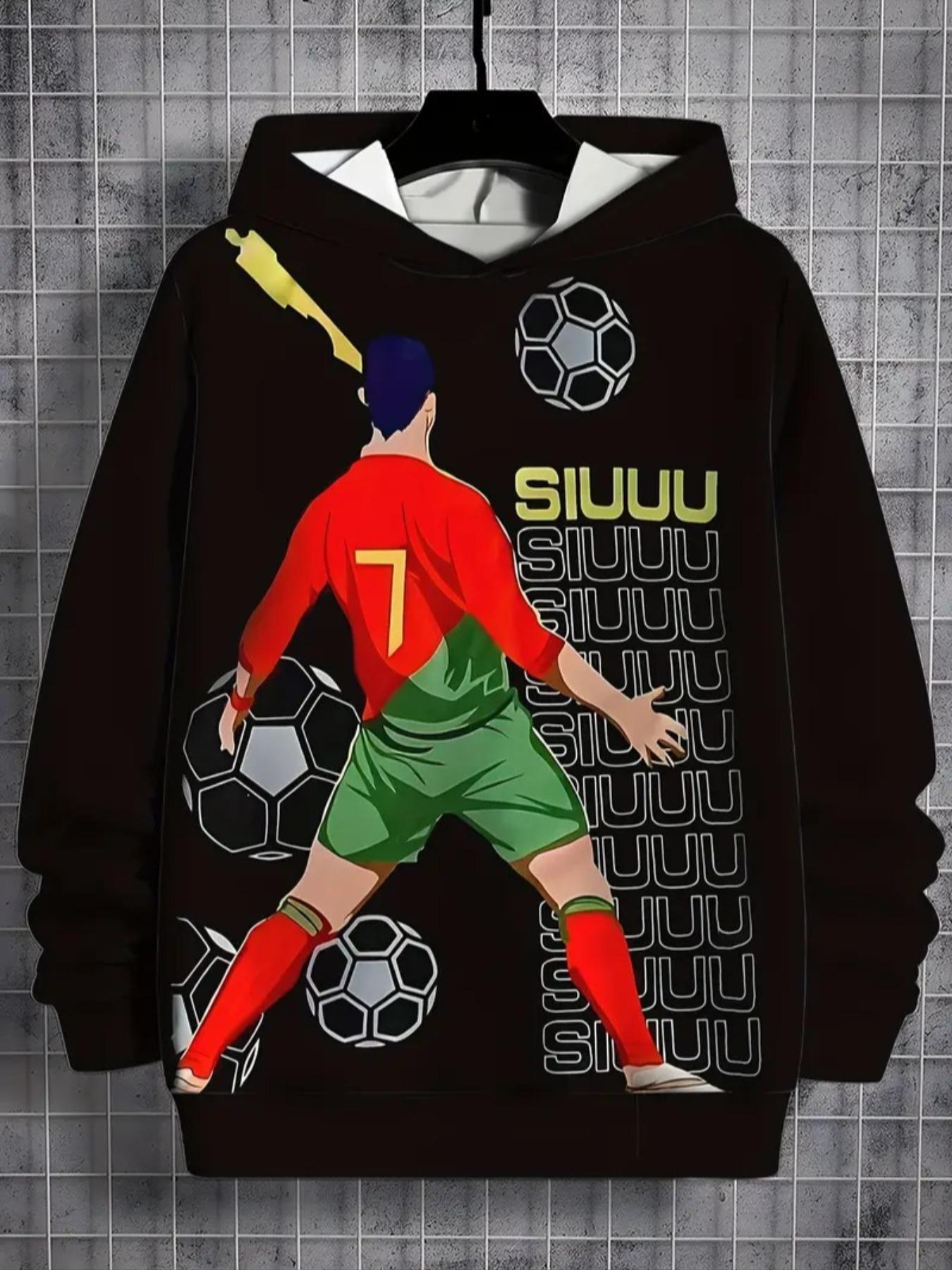 Boys' Football Fan Hoodie with Player Graphic, Casual Sporty Style, Fitted Polyester Fabric, Fall & Winter Wear, Graphic Team Hoodie