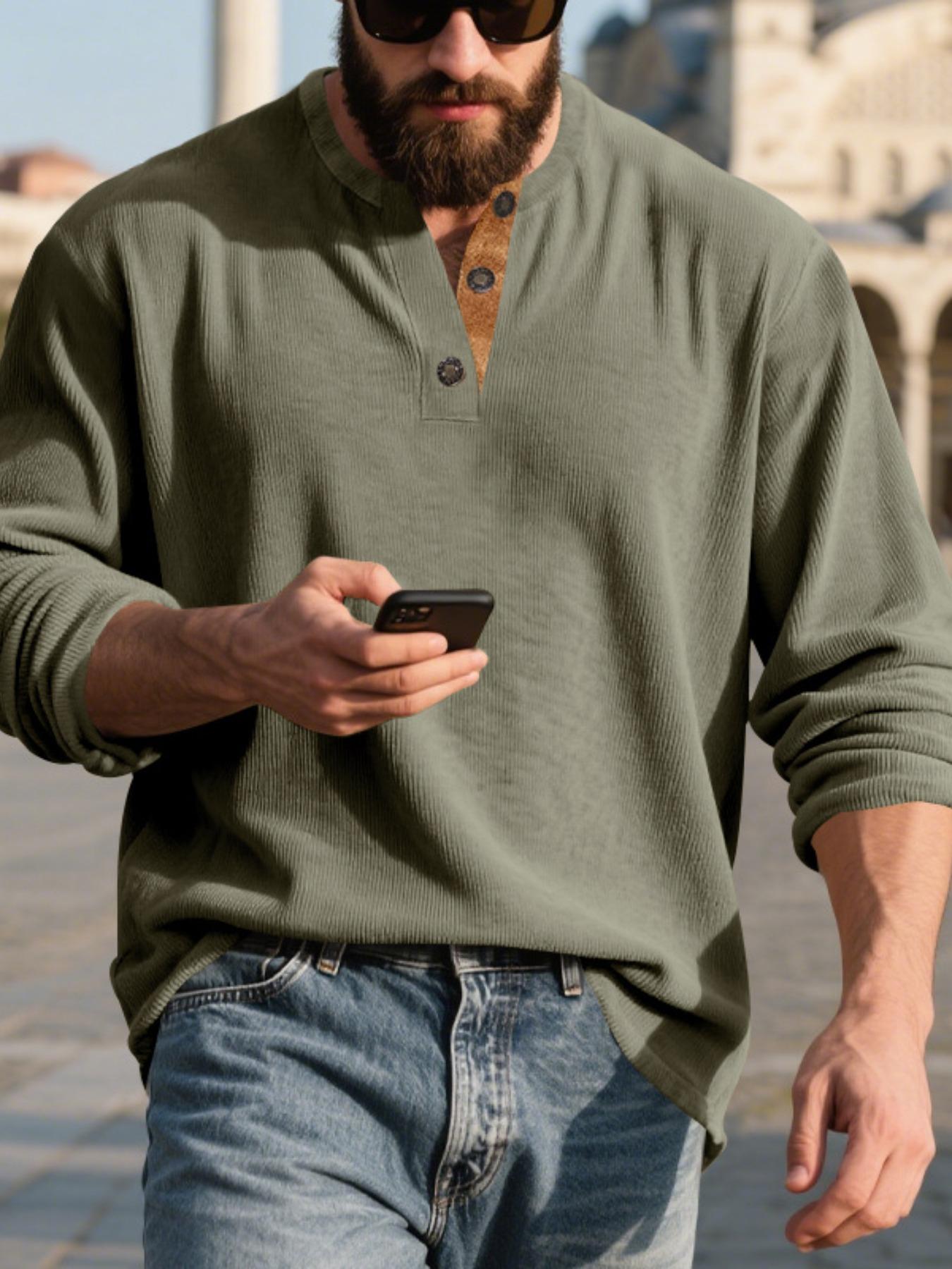 Men's Vertical Striped Textured Long Sleeves with A Contrasting Placket,solid Color Vertical Striped Texture,can Be Worn Alone and Layered,suitable for Casual Light Business and Other Scenarios, Classic, Menswear