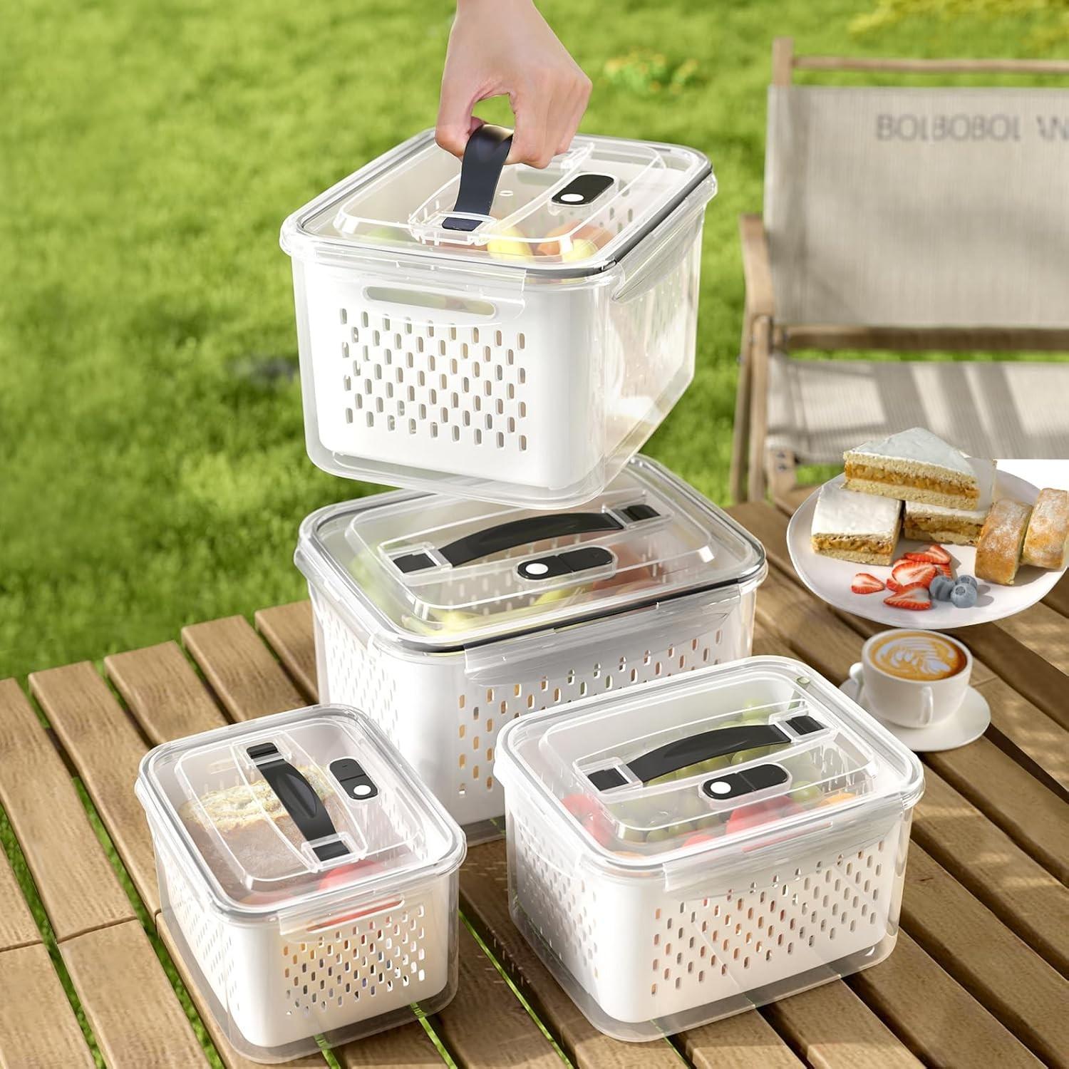 3pcs/5pcs Large Capacity Storage Boxes, Water Drainage/food Preservation Dual-Function Fruit Vegetable Containers, Lid with Handle Refrigerator Box