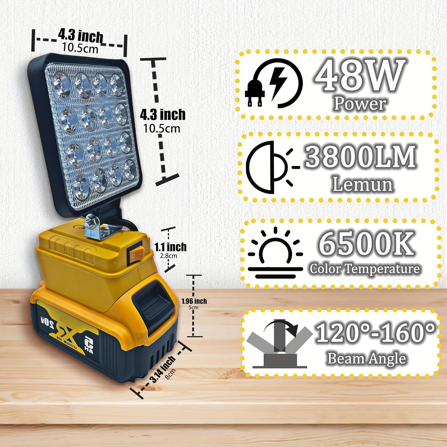 Wireless LED Spotlight, 3-8 Inch LED Light, Compatible with 20max Dewalt Battery, Dual USB Charging Port, Camping, Car Repair, Emergency Lighting
