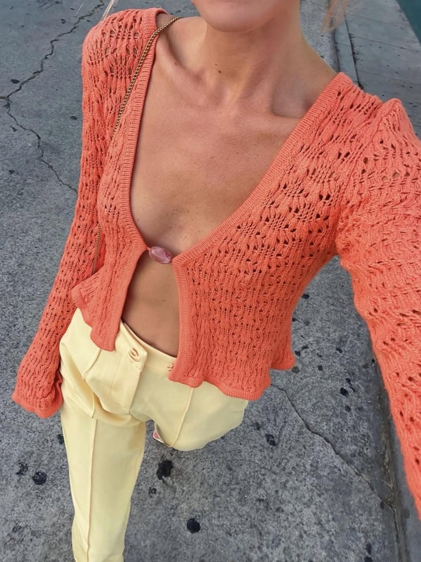 Transparent V Neck Knit Pullover, Long Sleeve Fitted Top, Casual Cut Out Design, Lightweight Breathable Outerwear for Beach Holidays