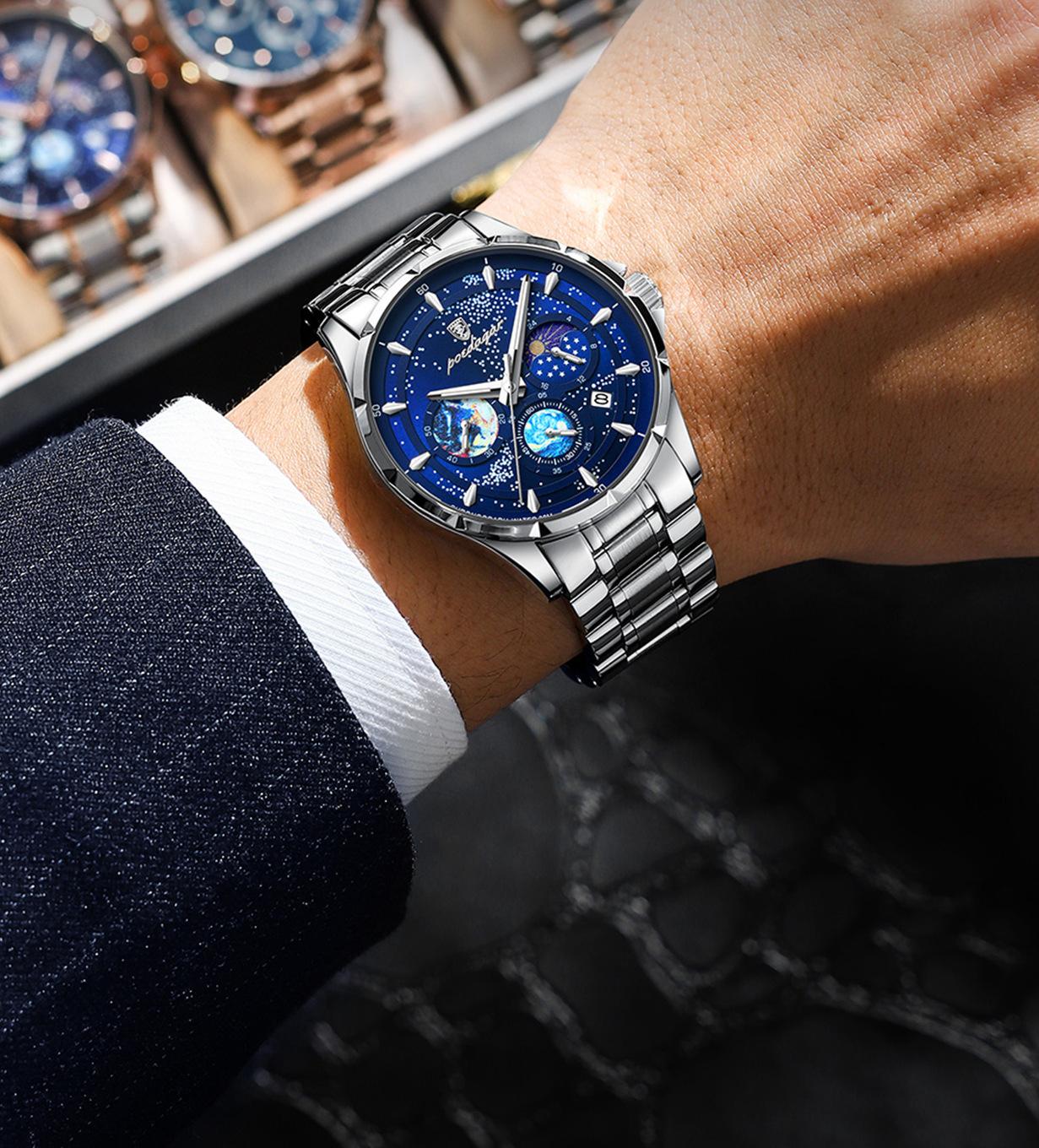Men's Ultra-Slim Sports Watch - 42mm Chronograph Quartz Watch, Onion Crown, Luminous Moon Phase, Tachymeter, 50M Water Resistant, Stainless Steel Band, Round Face