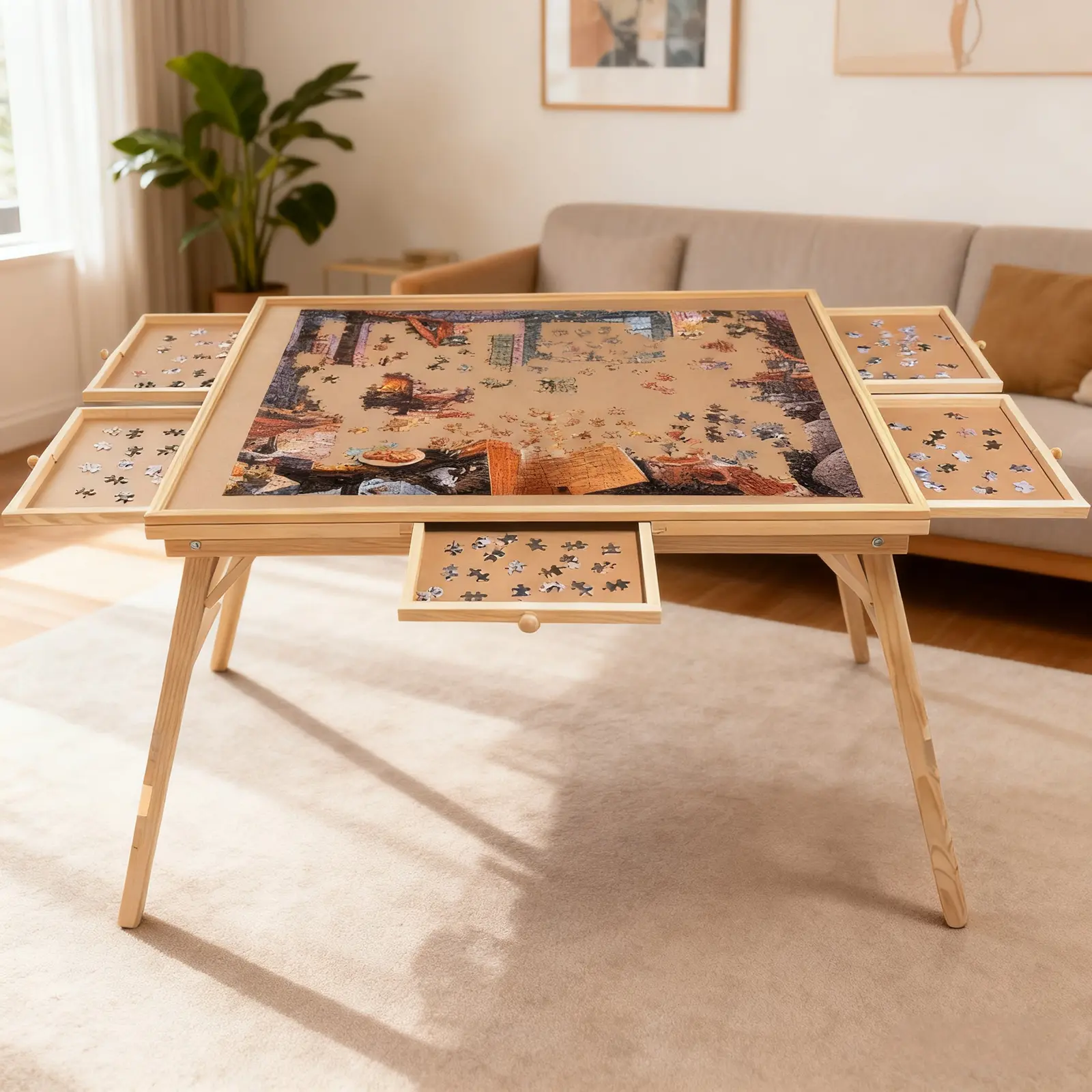 Nokaa 27in Tall Puzzle Table with Legs, 1500 Piece Folding Jigsaw Board, 34x26in Large Wood Surface, 5 Drawers, Natural Pine, for Living Room Game Room Hobby, Casual Chinese Style, Multiple Options