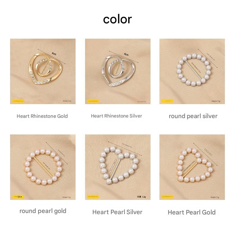 Hem knotting, heart-shaped pearl and rhinestone buckle, scarf buckle, versatile fastener for shirts and T-shirts.