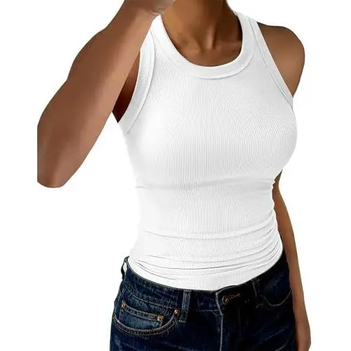 【New Arrival Deal】Womens Tank Tops High Neck Sleeveless Ribbed Tank Casual Basic Thick Strap Slim Fitted Racerback Shirts Womenswear Minimalist