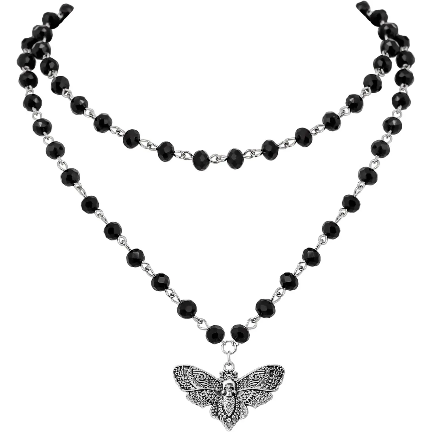 Layered Black Moth Skull Choker, Black Beaded Choker, Gothic Goth Necklace | Zinc alloy, copper, stainless steel and glass , 13.7 in & 3.9 in extender chain, Gothic Emo Punk Grunge Necklace
