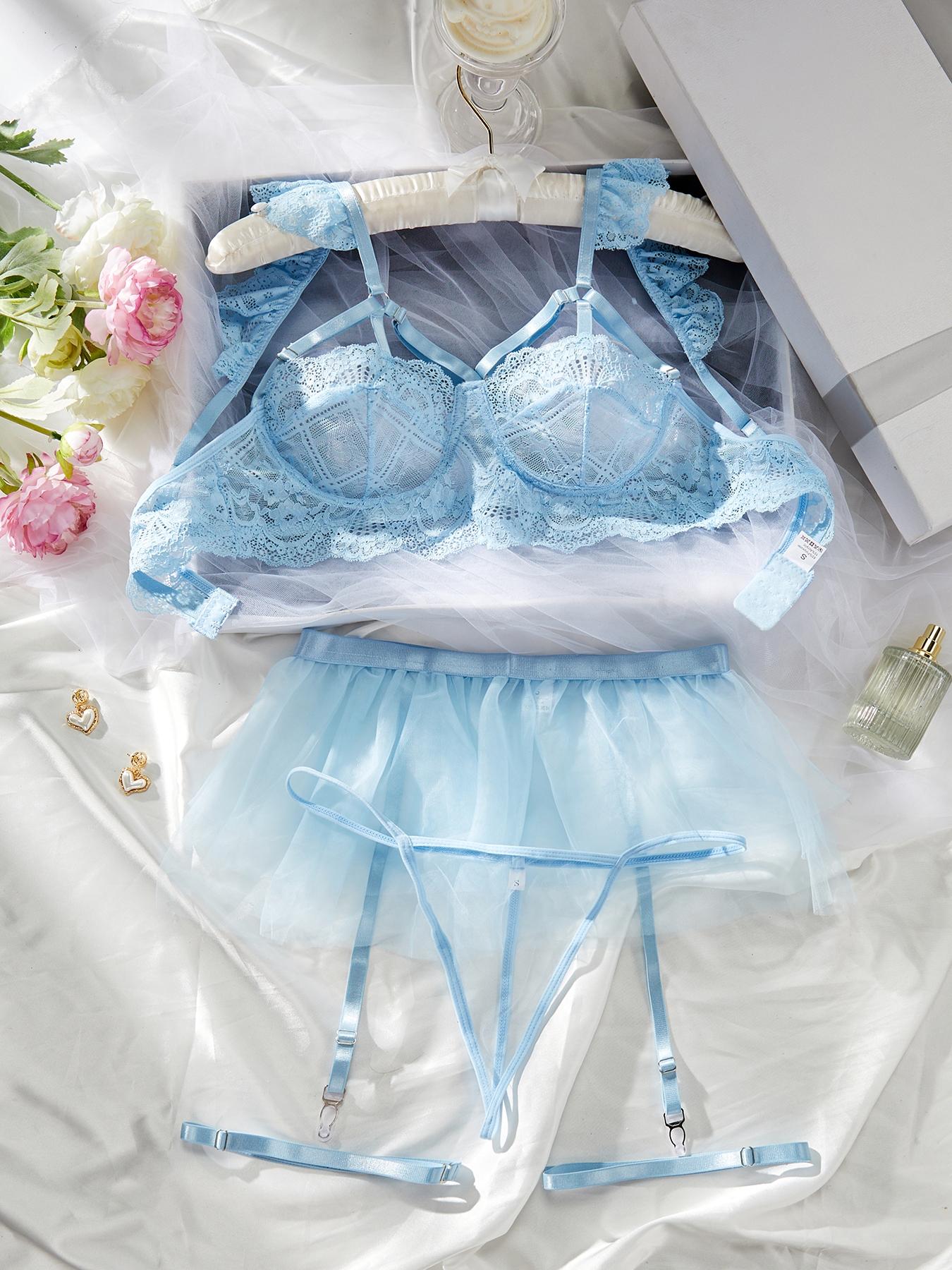 Women's Lace Sexy Lingerie Three-piece Set, Solid Color Cut Out Bra & Thong & Garter Belt with Thigh Ring, Lingerie Set for Women