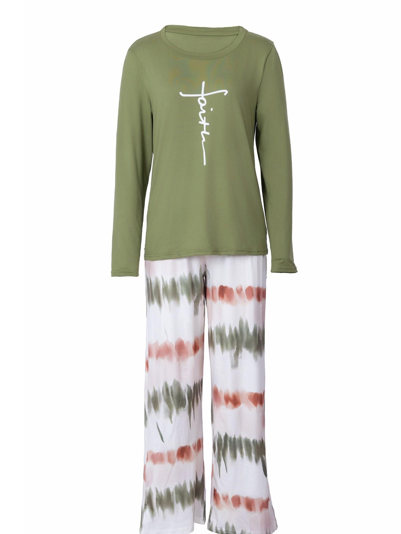 Women's Casual Printed Round Neck Long Sleeve Top & Gradient Print Pants Set, Soft Comfortable Home Wear Loungewear, All Seasons Fitted