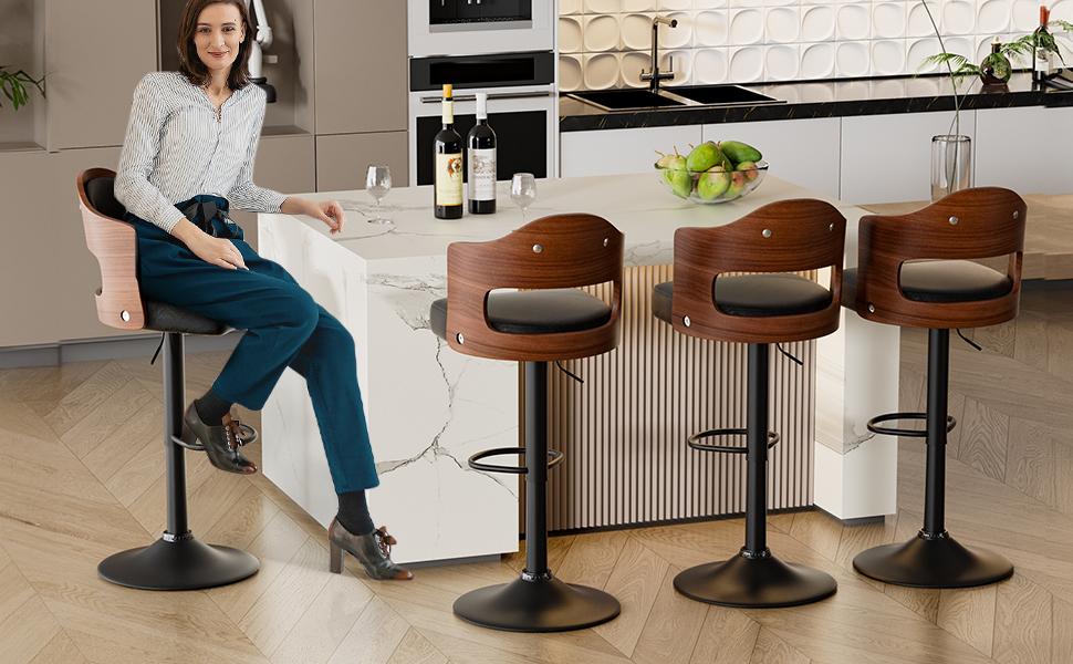 Swivel Bar Stools Set of 2 Seat Adjustable Height 24.5-33.5IN, Wooden Barstools PU Leather Upholstered Bar Chairs with Back & Footrest for Bar Kitchen Dining Room