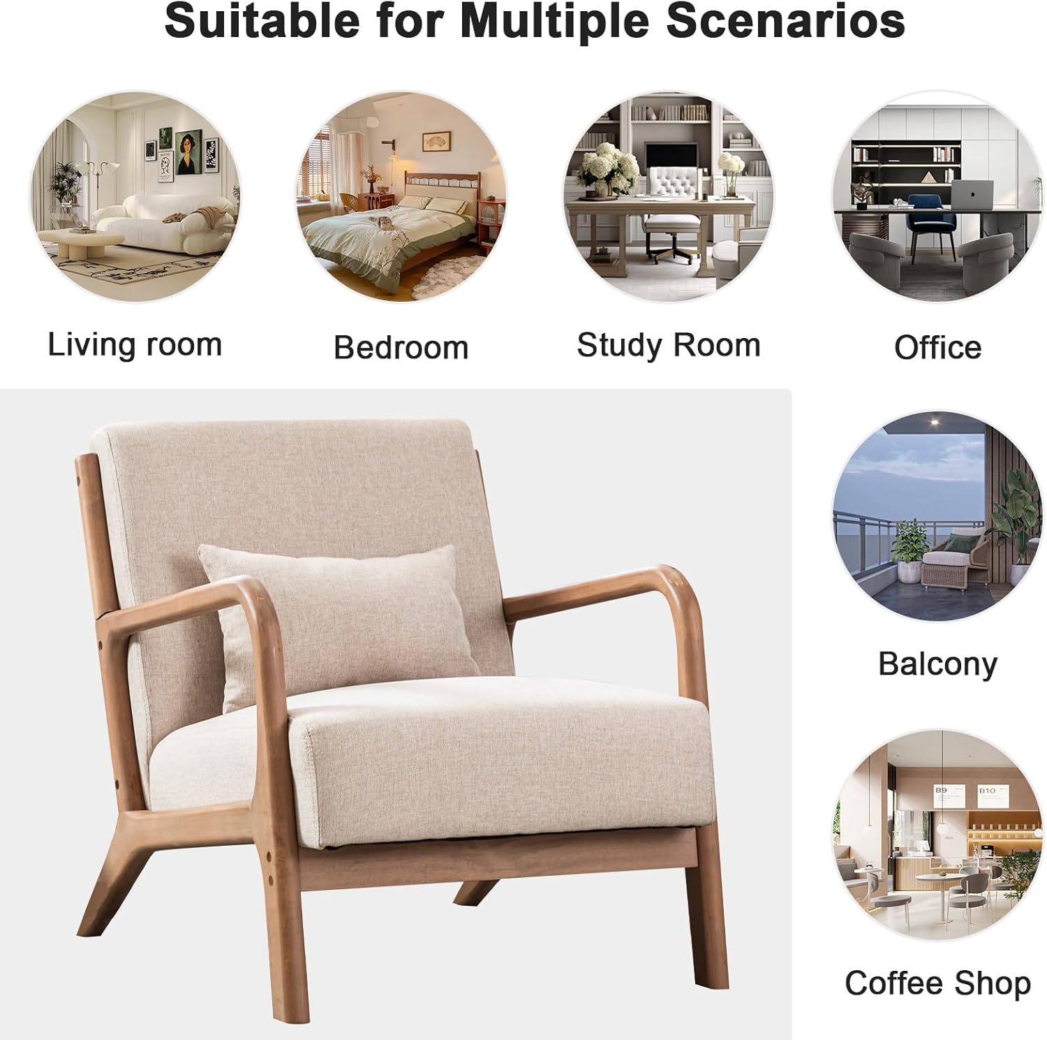 [SpringStatements][Set of 2]EBELLO Modern Arm Chairs , Mid-Century Modern Accent Chair Upholstered Lounge Chair with Pillow and Solid Wood Frame, Linen Fabric Comfy Chairs for Living Room