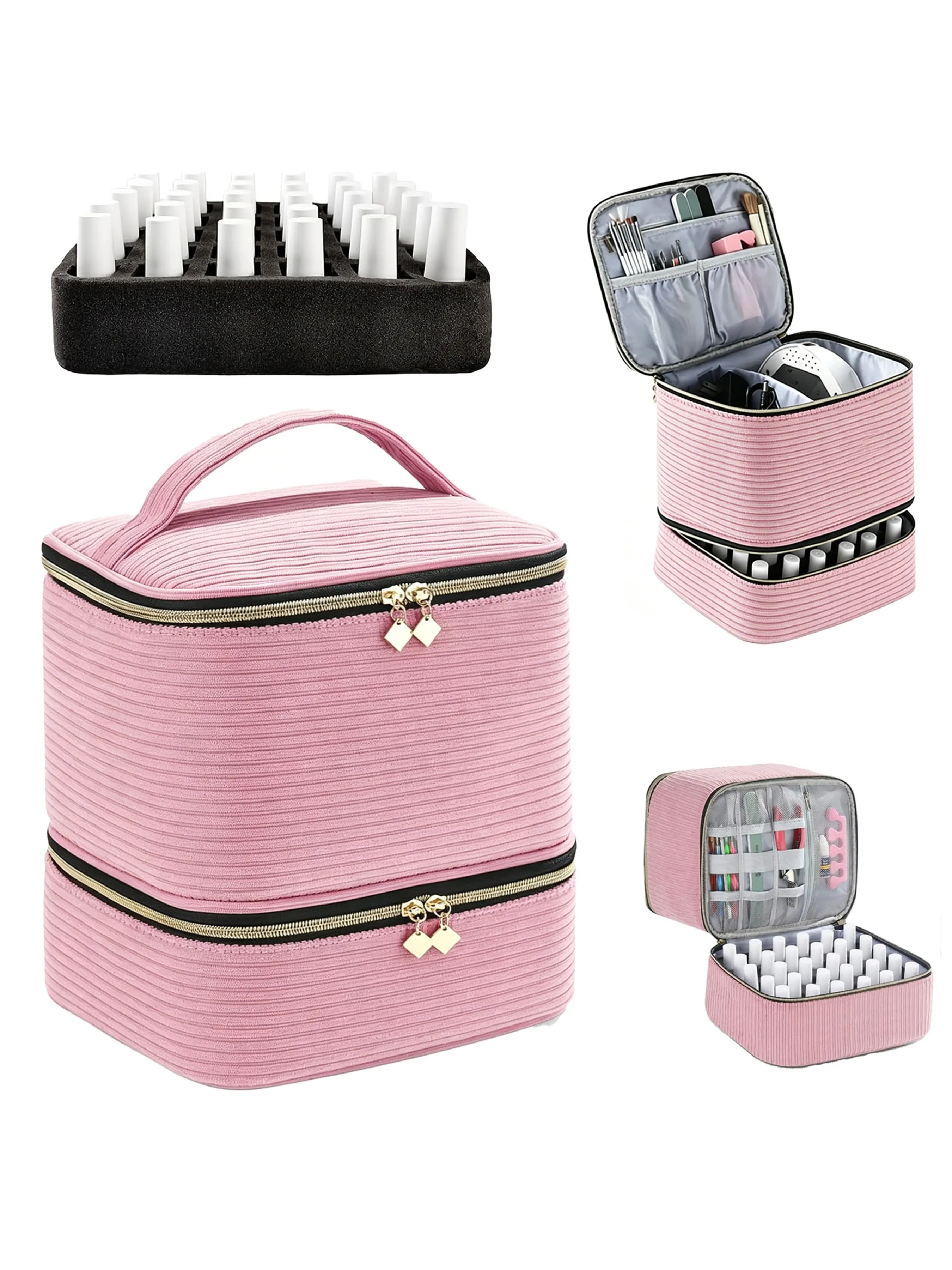 Corduroy Nail Polish Organizer and Nail Lamp Case, Nail Kit Organizer Holds 30 Bottles (15ml - 0.5 fl.oz) and a Nail Lamp, Nail Polish Carrying Case with Manicure Tools Storage Sections