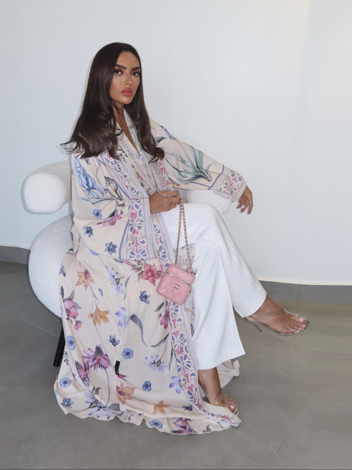 Muslim Women's Abaya Set with Hijab, Elegant Simple Floral Print Long Robe Jacket, Casual Party Beachwear, All Seasons Wear