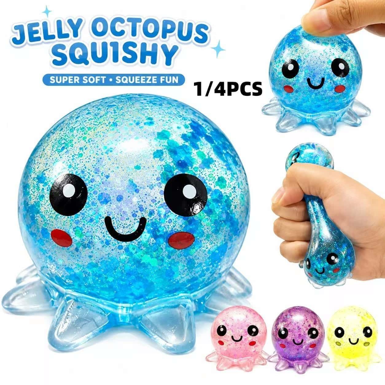 Clear Glitter Octopus Squeeze Toy, Glitter Squishy, Glittery Squishies, Squishy Fun, TPR Maltose Filled Stress Ball, 4 Colors Available Anxiety Relief Fidget Toy for Adults Kids