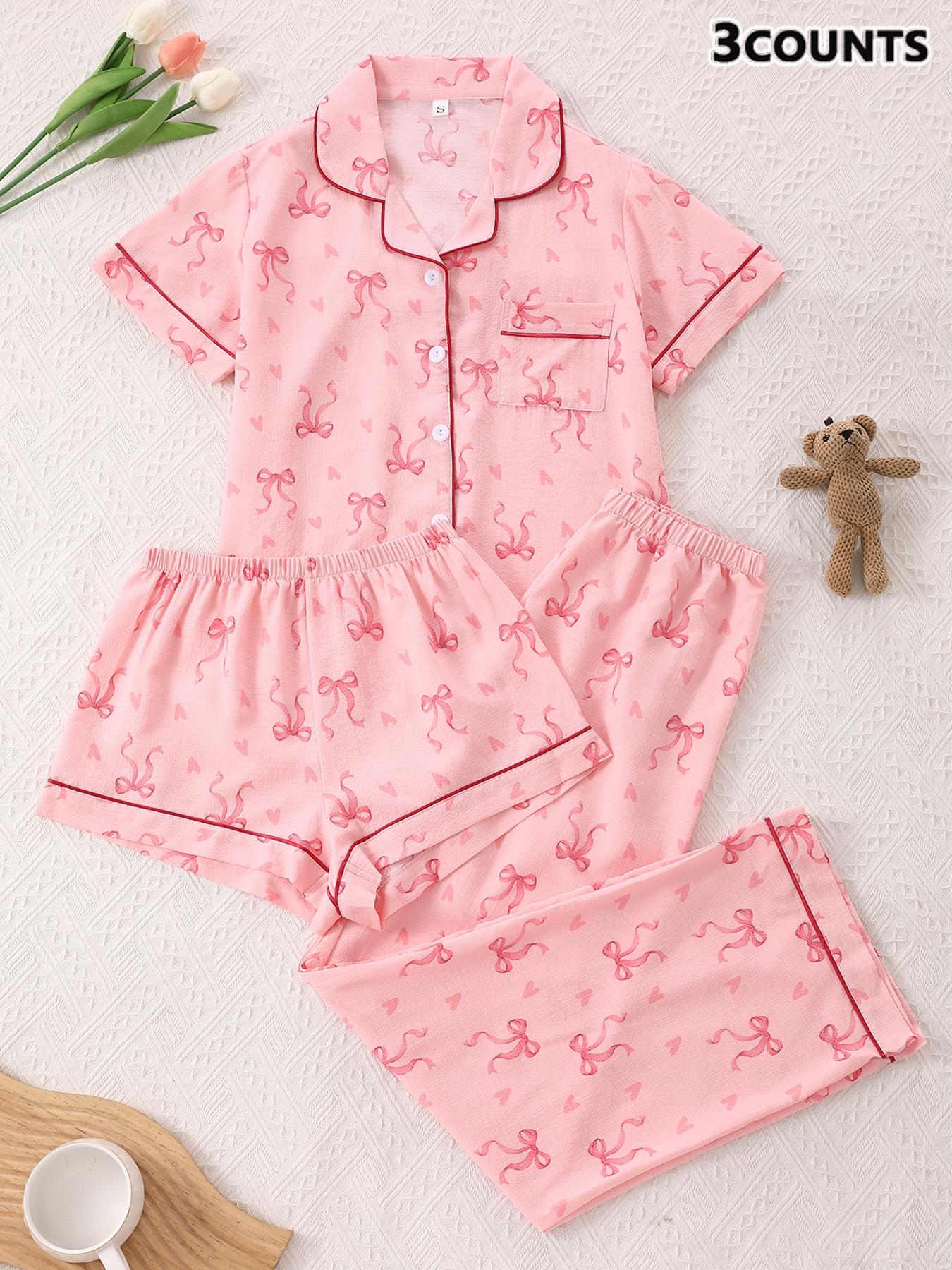 Women's 3-Piece Pajama Set, Cherry Print Button Front Top & Shorts Pants, Comfortable Sleepwear for Ladies, Casual Nightwear