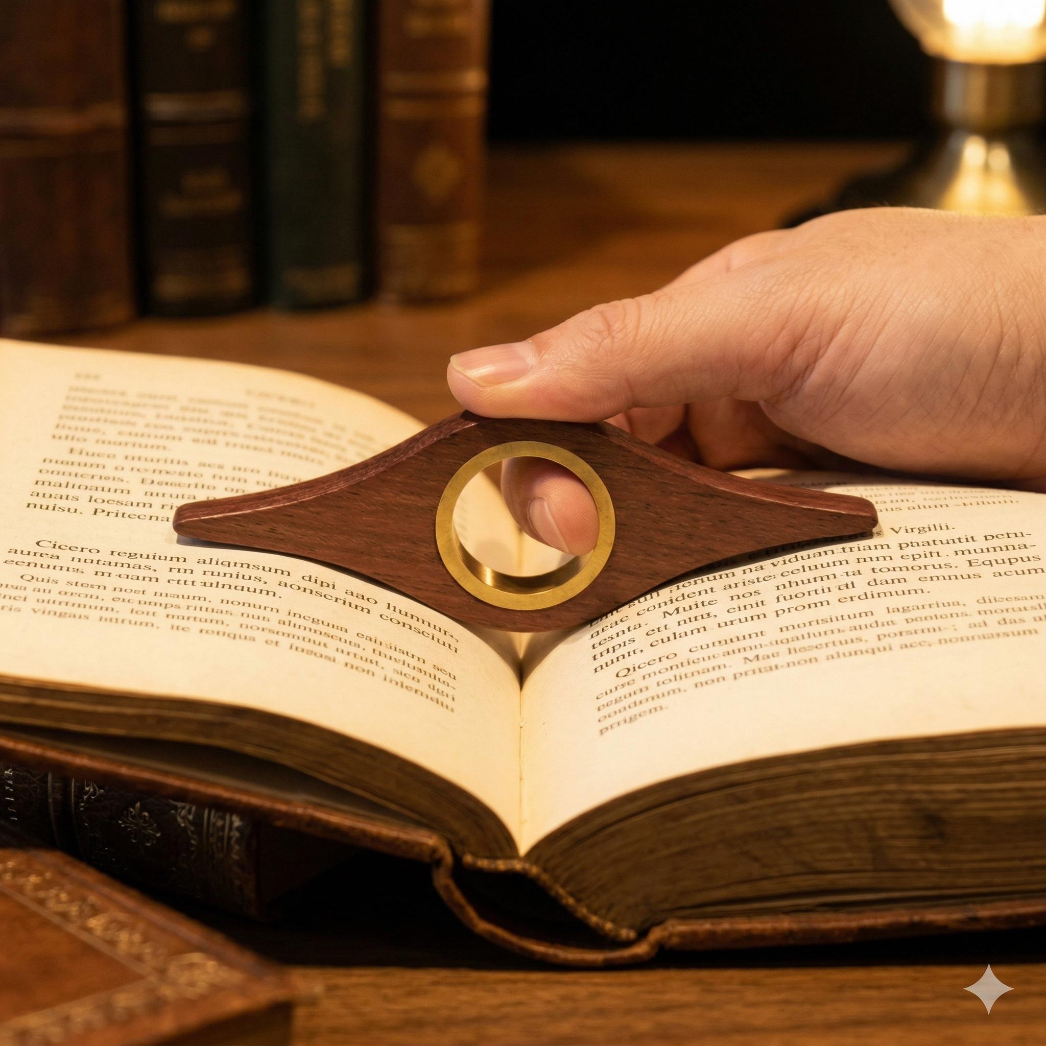 Solid Walnut Wood Book Page Holder with Brass Ring Ergonomic Thumb Reading Ring Aesthetic BookTok Accessories Gifts for Readers Handcrafted Wooden Thumb Page Holder for One-Handed Reading giftforher mini gift gift for him/her