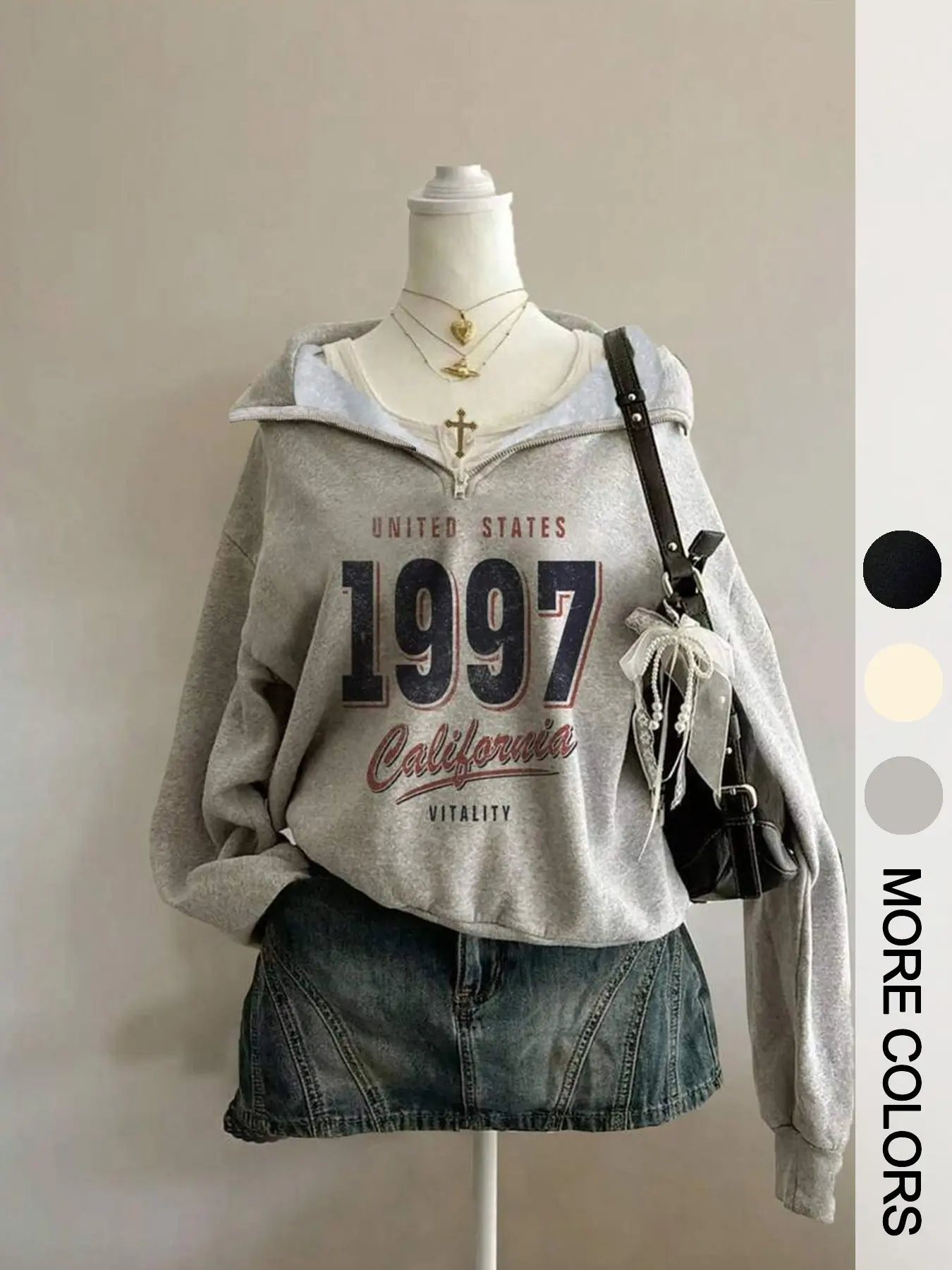 Women's Vintage 1997 California Half-Zip Fleece Hoodie, Collar Half-Open Zipper, United States Distressed Letter Number Print Sweatshirt