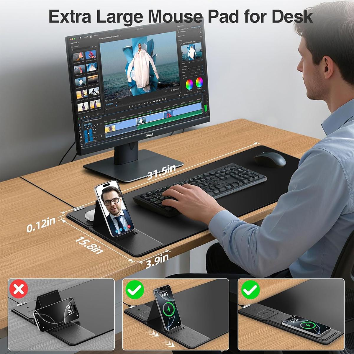 15W Wireless Charging Mouse Pad with Foldable Phone Holder, 31.5"x15.8" Extended Desk Mat for Laptop/Keyboard, Waterproof Ultra-Smooth Surface, Non-Slip Base,back to school,back to school shopping