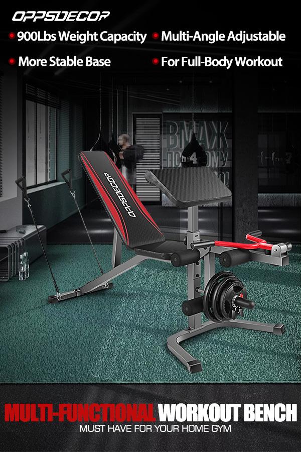 OPPSDECOR Adjustable Weight Bench Set with Leg Extension & Leg Curl, 900LBS Incline/Decline/Flat Preacher Curl Bench, Space-Saving Workout Bench for Home Gym