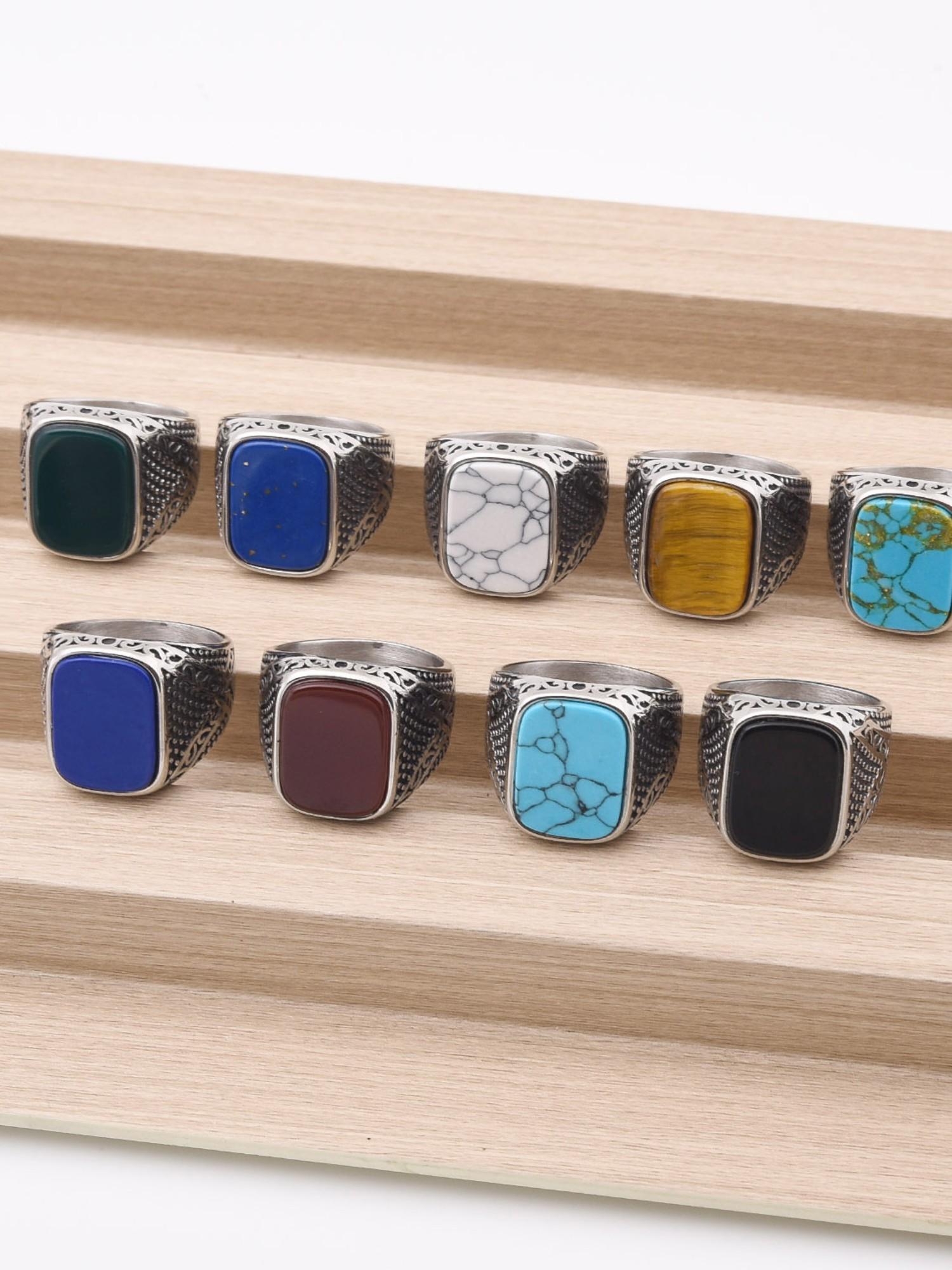 Vintage Men's Signet Ring 316L Stainless Steel Silver Color Blue Agate Square Stone Retro Carving Jewelry Gift