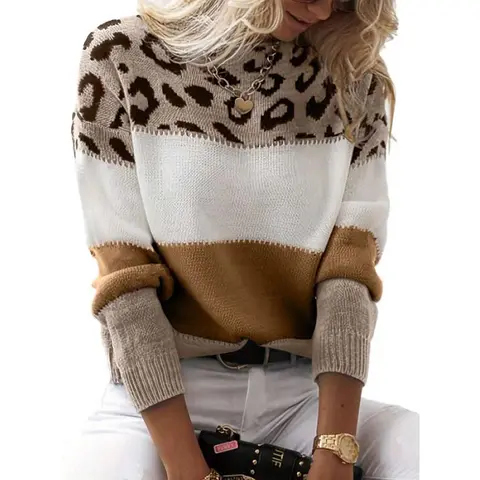 Women's Leopard Color Block Round Neck Pullover Sweaters Tops