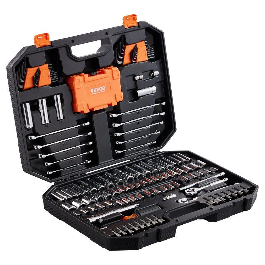 VEVOR 145-Piece Metal Mechanic Tool Set with Storage Case - Car Repair Tools Including 1/4 & 3/8 Drive Deep/Standard Sockets, SAE/Metric Bits, Combination Wrenches, Hex Wrenches, and Accessories
