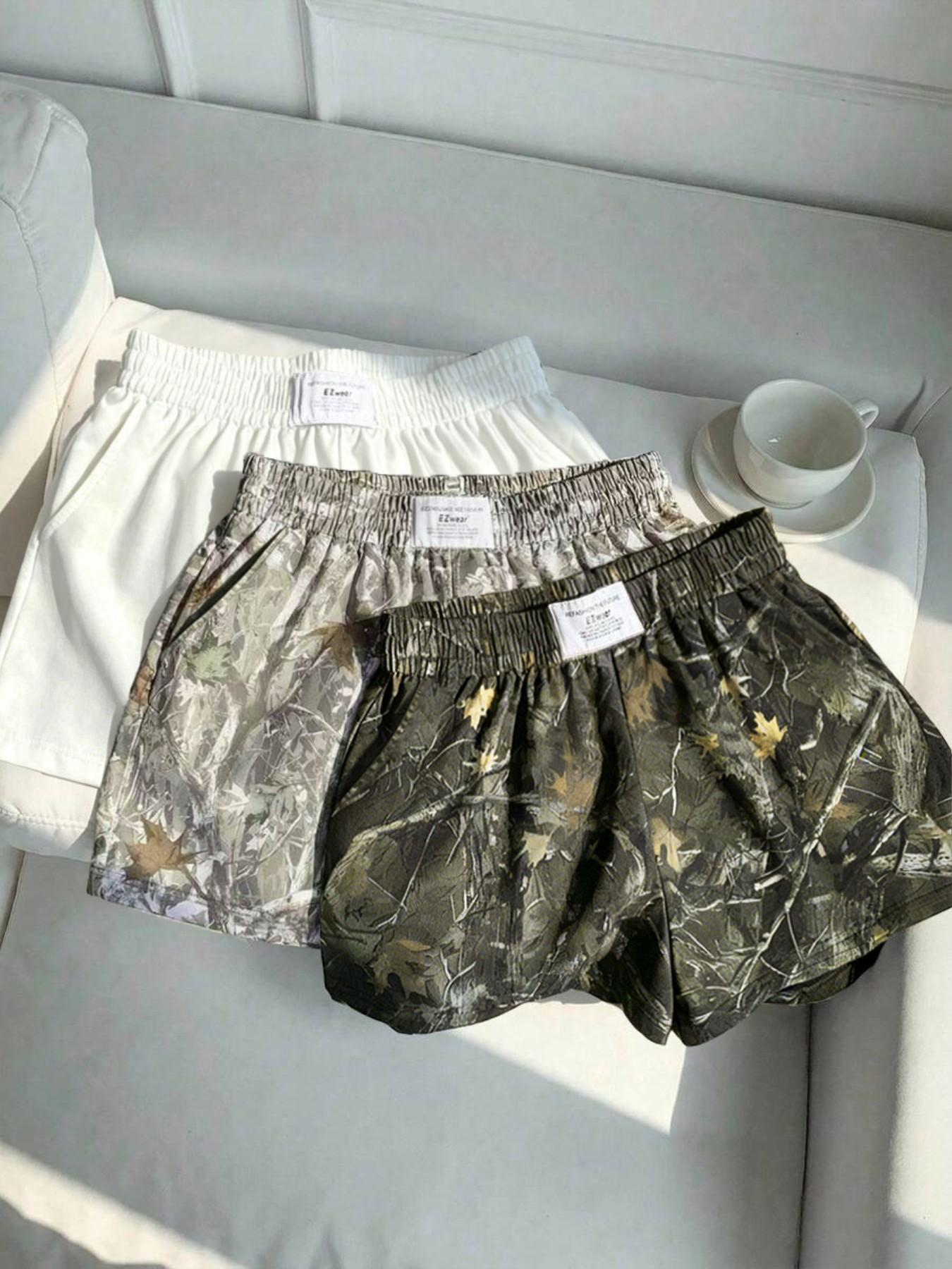 3-Pack Women's Summer Solid + Camo Tree Pattern + Leopard Print Logo Side Pocket Loose Sporty Shorts, Elastic Waist Design, Essential Shorts for Casual Outdoor Wear, Sports Fitness, and Street Style Outfits