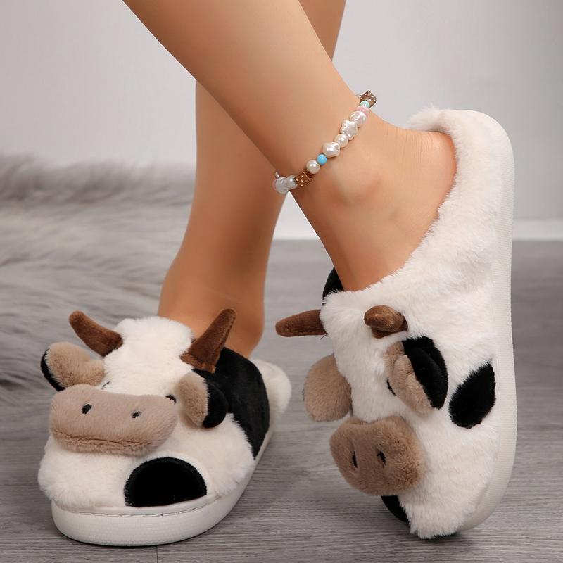 Cute Fuzzy Cow Slippers for Women, Cartoon Plush Warm Cow Slippers for Girls Funny, Novelty and Soft Cotton Slippers, Women's Winter House Slippers Suitable for Indoor Bedroom Dormitory Springfresh