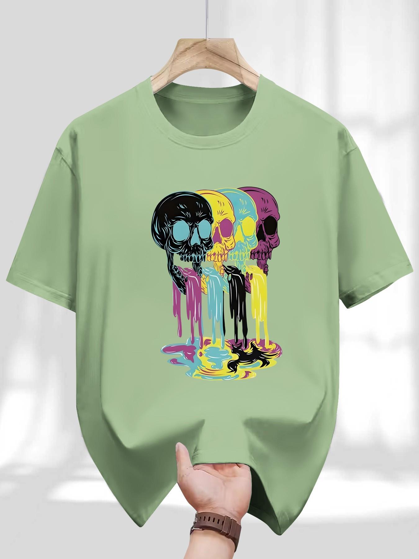 Men's Round Neck T-Shirt, Fashion Colorful Skull Geometric Print, Retro Religious Style, Casual Long Sleeve, Perfect for Daily Wear