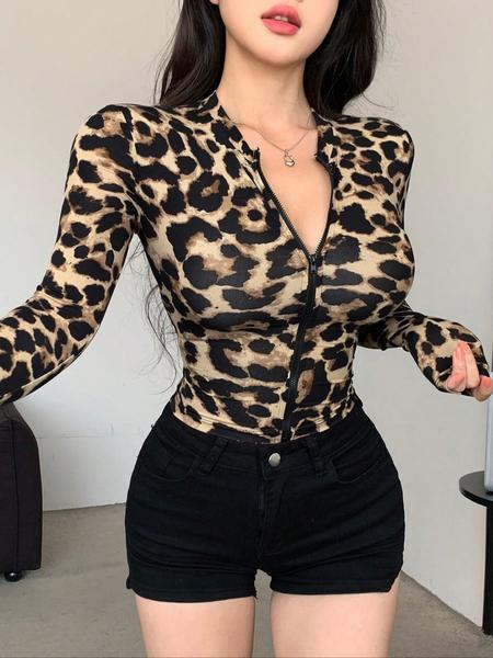 Women's slim fit long sleeve zipper leopard print casual sexy fashion jacket, suitable for daily wear, outdoor activities, work, club parties and many other occasions