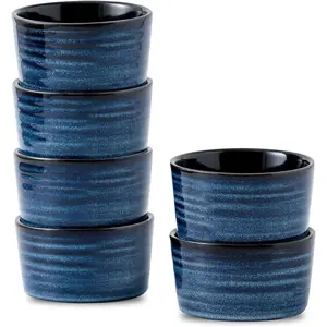 Ceramic 4 oz Ramekins Set of 6, Oven Safe Small Creme Brulee Ramekins for Baking, Blue Dipping Bowls for Custard, Ice Cream, Pudding, Porcelain Sauce Cups, Mini Souffle Dish, Microwave Safe