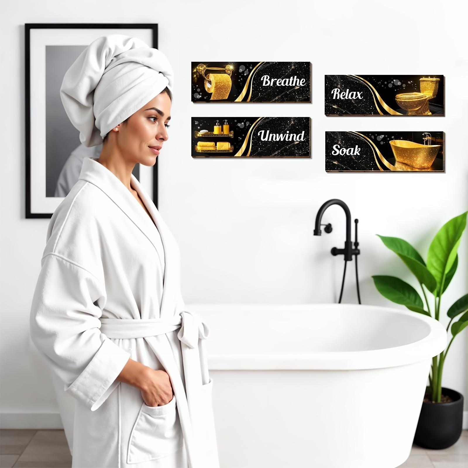 4pcs Black and Golden Wooden Wall Art Set - Abstract Bathroom Decor Sign "Breathe, Relax, Unwind" - Sparkling Toilet Wall Decoration for Home, Bathroom, Laundry Room, Living Room, and Bedroom