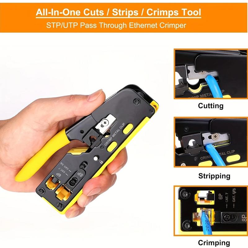 RJ45 Crimp Tool Kit All-in-One Ethernet Crimper Cat7 Cat6 Cat5 Crimping Tool with Network Cable Tester, 20pcs Cat5 RJ45 Pass Through Connector, 20pcs Connector Boots for Home Office Network Connect