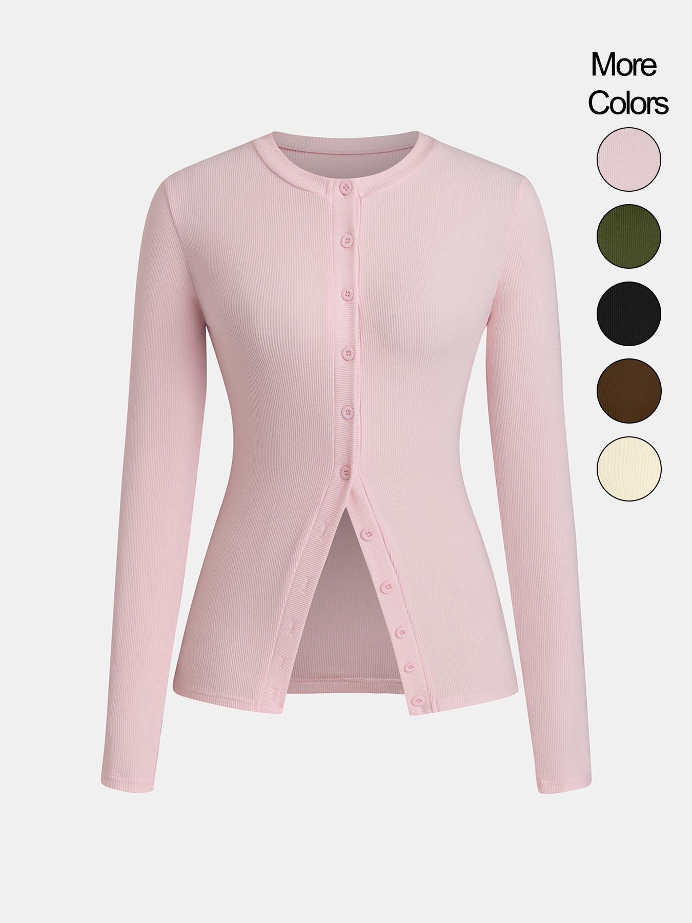 Women's Casual Round Neck Long Sleeve Button Front Top, Basic Solid Color Design, Extended Length, Perfect for Daily Wear, Womenswear