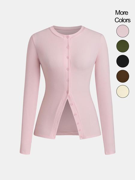 Women's Casual Round Neck Long Sleeve Button Front Top, Basic Solid Color Design, Extended Length, Perfect for Daily Wear, Womenswear