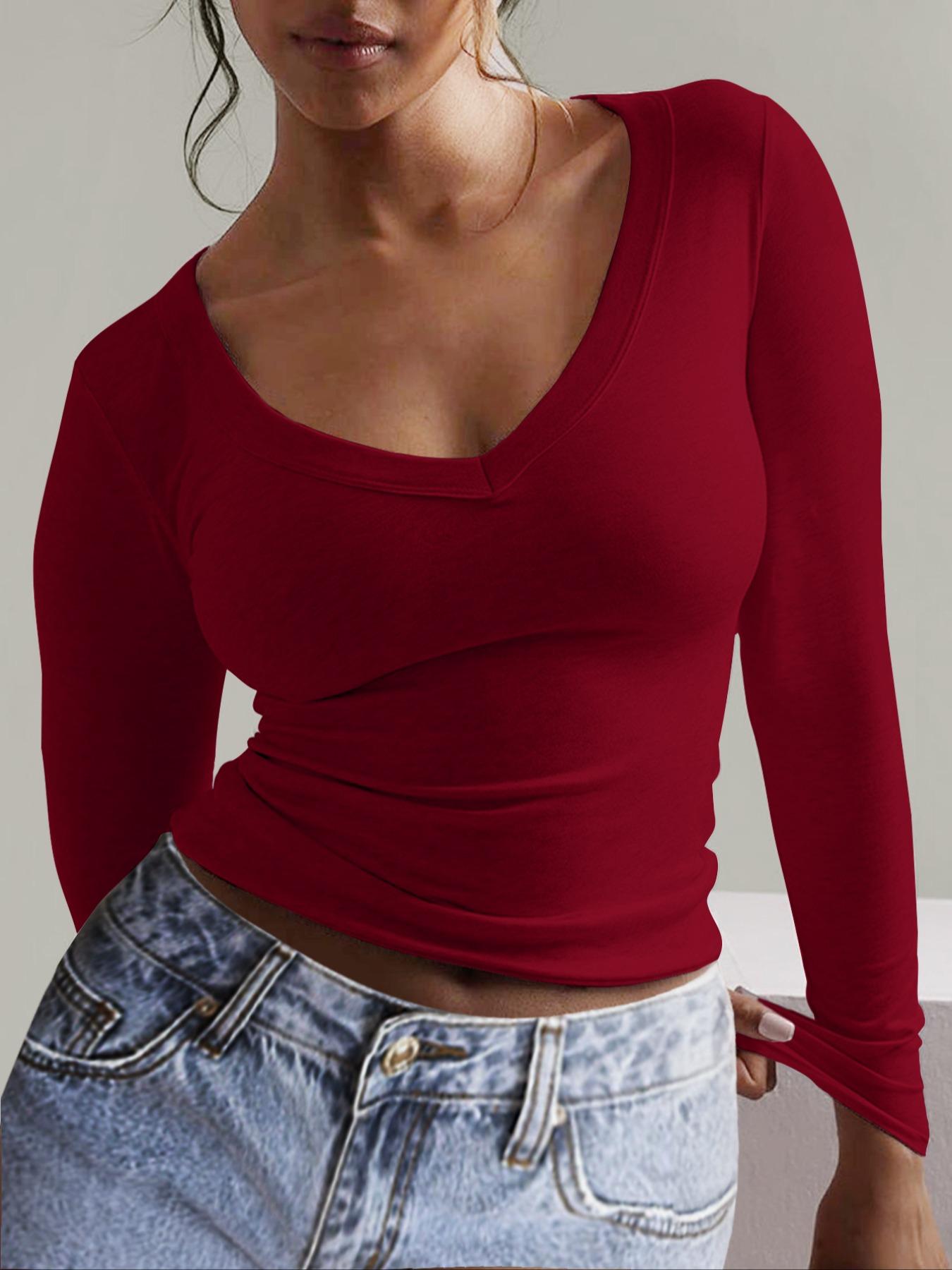 Women's Spring Autumn Slim-Fit U-Neck Long Sleeve Top, Comfortable Fabric, Casual Wear, Available in Multiple Colors