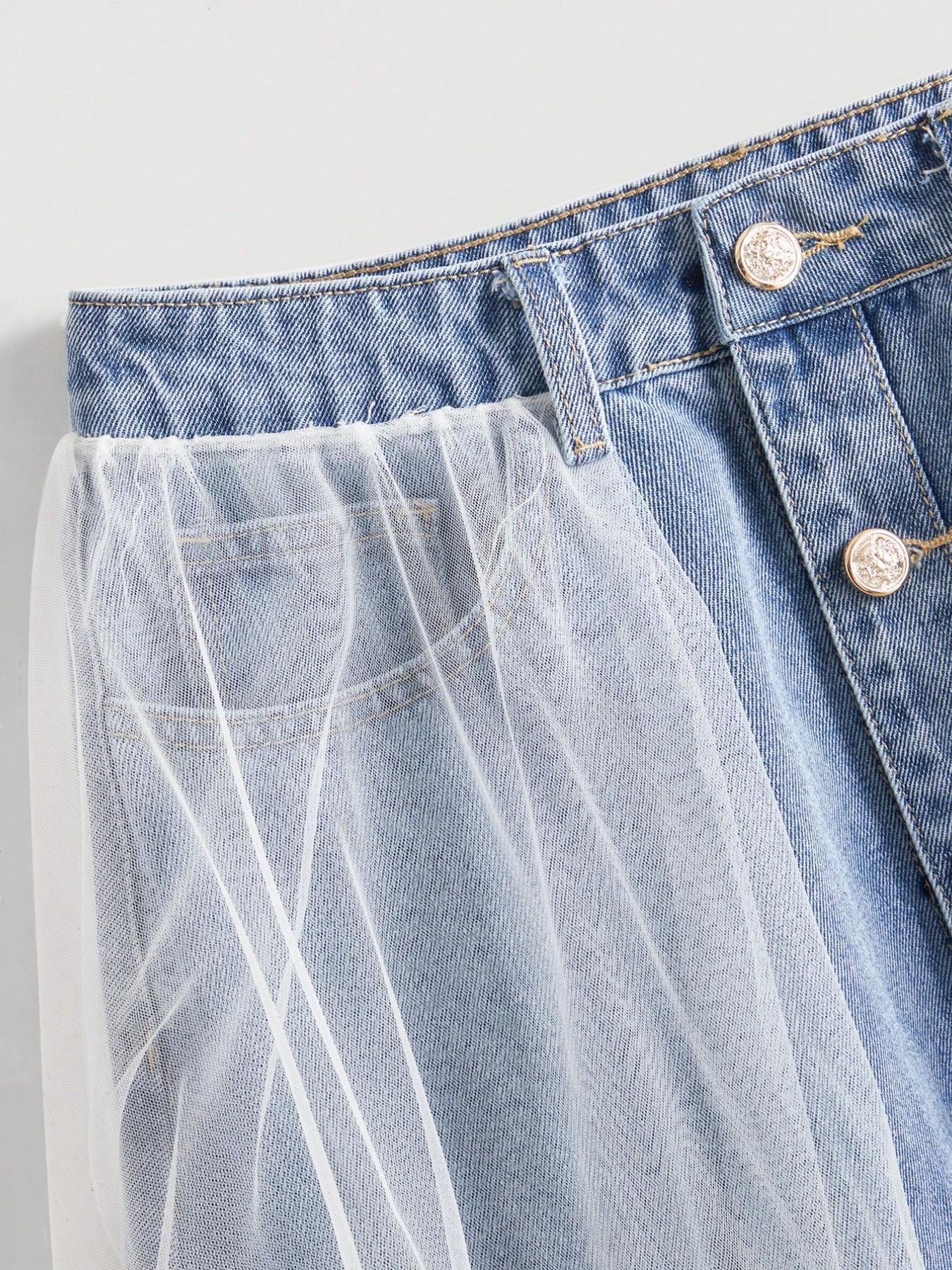 Women's Denim Mini Skirt with Mesh Patchwork and Button Decoration, Fitted Knee-Length Skirt for All Seasons, Casual Dating