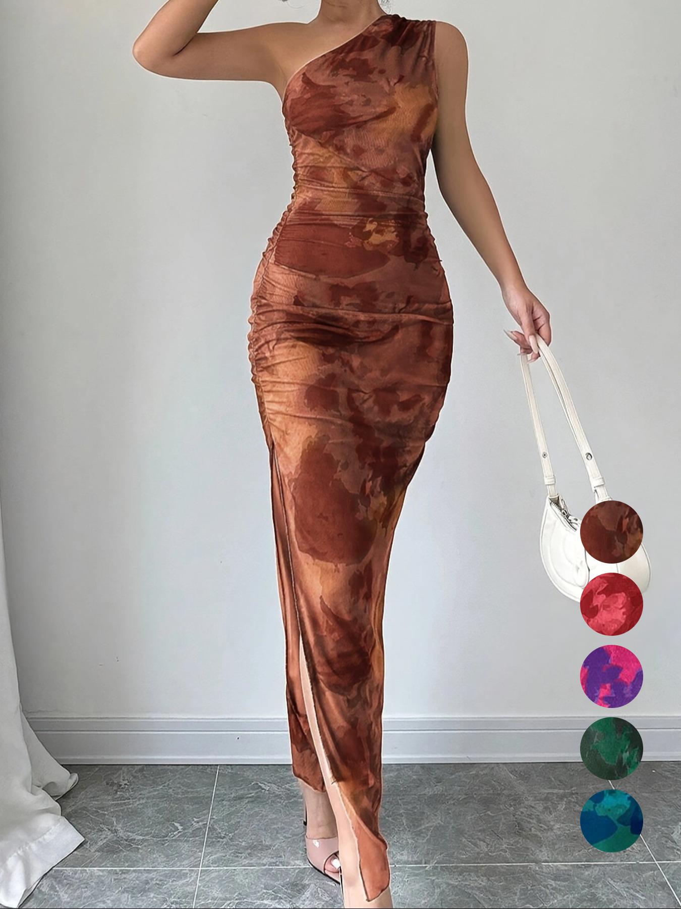 Women's Graphic Print Asymmetrical Neck  Dress, Elegant Sleeveless Split  Dress for Party Holiday Wedding Guest, Ladies Summer Clothes