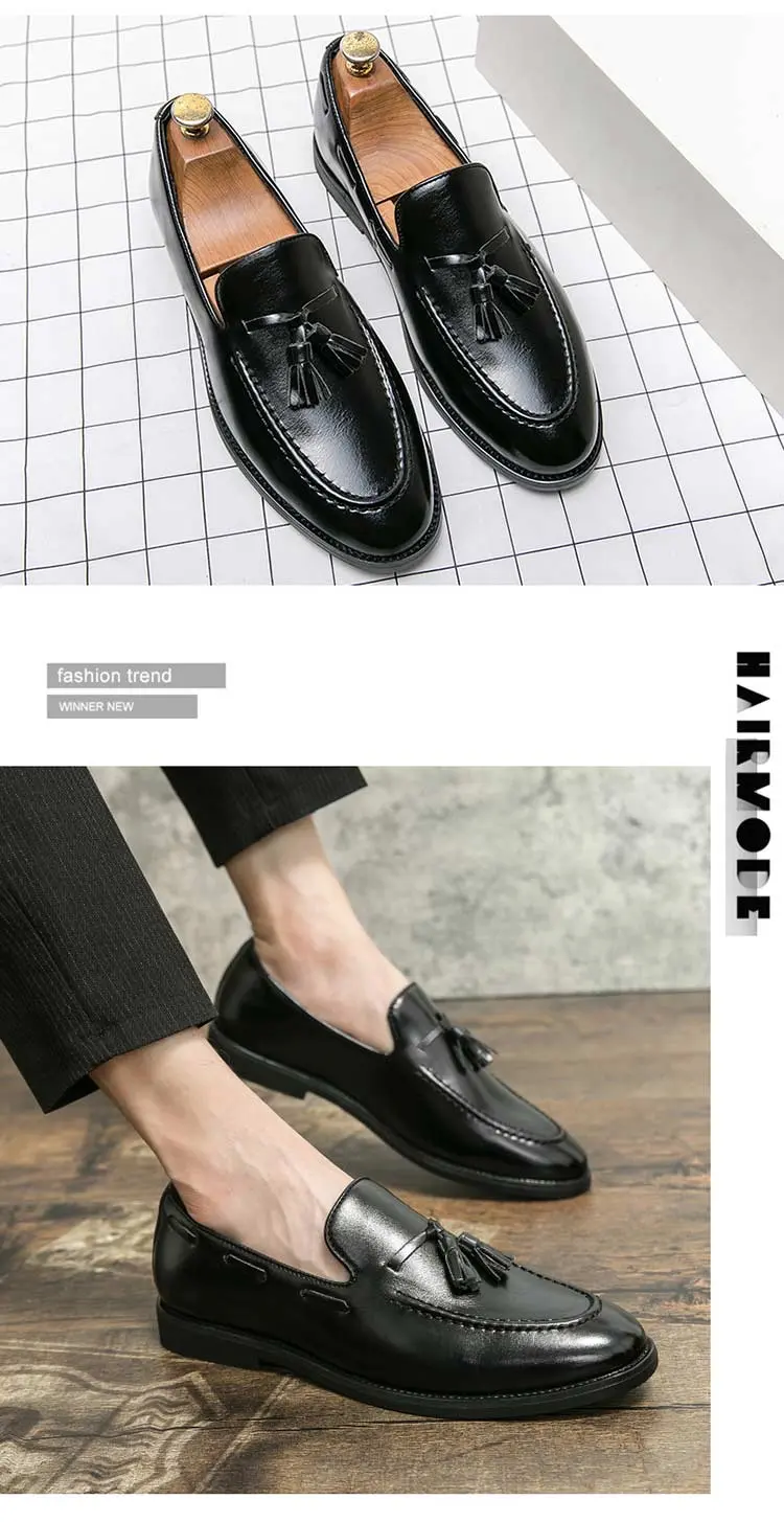Men's Trendy Fashion Tassel Leather Loafers, One-Click Slip-On Casual Shoes, Versatile Youth Formal British Style, Perfect for Nightclubs and Weddings, Business Casual Shoes, Office Shoes