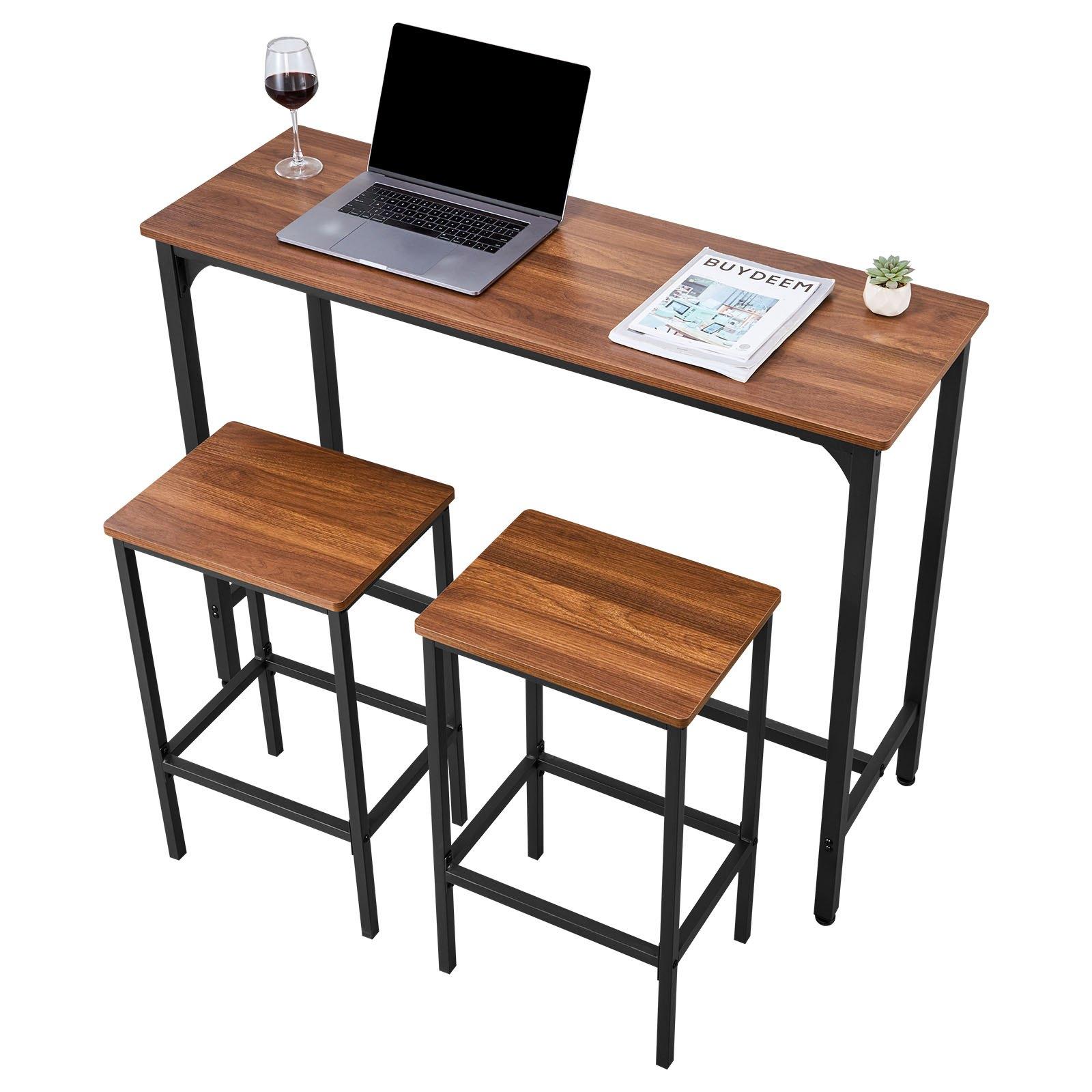 VEVOR Bar Table, 3PCS 47″ Bars Tables Set, Bar Tables and Chair Set with Rounded Edge Design, Rectangular Pub Table with Two Stools for Office Desk, Breakfast Corner, Mini Bars, Rustic Brown, Black